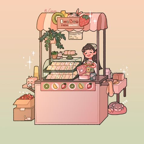 2d Isometric, Cute Cafe, Cute Food Art, Artist Sketchbook, Artist Alley, Japon Illustration, Food Cart, Cute Kawaii Drawings, Art Programs