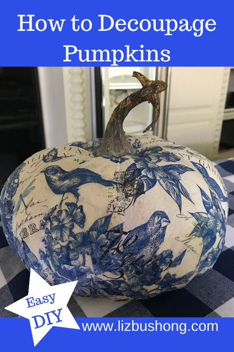 Cartonnage, Decopauge On Pumpkins, Painting Faux Pumpkins Ideas, How To Decoupage A Pumpkin, Napkin Decoupage Pumpkin, Chinoiserie Pumpkin Diy, Decoupage Fall Ideas, How To Decoupage Pumpkins With Napkins, Modge Podge Pumpkins With Napkins