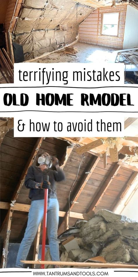 Picture of an old house interior that has the walls torn out down to the studs with a pile of demo debris and insulation. The text reads "terrifying old home remodel mistakes people make and how to avoid them" Old House Renovation Ideas, Weekend Diy Home Projects, Updating Old House, Renovation Ideas On A Budget, Old House Renovation, Small House Renovation, Easy Home Upgrades, Old Home Renovation, Time Saving Tips