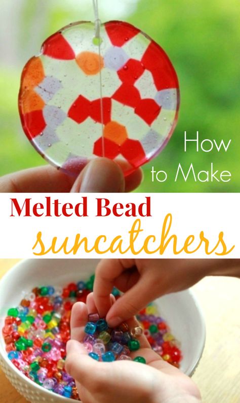 How to Make Melted Bead Suncatchers from kids plastic pony beads. Beautiful!! (Make sure to see the tips for safety and success.) Melted Bead Suncatcher, Bead Suncatchers, Melted Beads, Summer Crafts For Kids, Melting Beads, Childrens Crafts, Pony Beads, Summer Crafts, Arts And Crafts For Kids