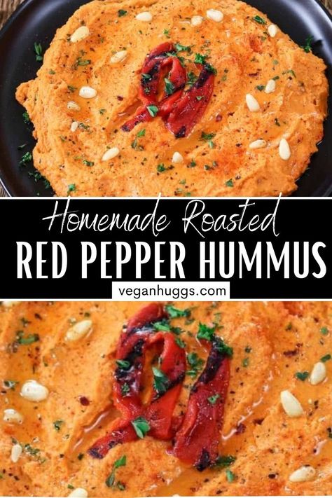 This homemade roasted red pepper hummus is flavorful, rich, hearty, and versatile! It is bursting with strong, hot, and sweet-smoky flavors. You'll be addicted to this healthy snack in no time! #hummus #hummusrecipe #redpepperhummus #homemadehummus #GlutenFree #Mediterranean Hummus With Tahini, Roasted Red Pepper Hummus Recipe, Red Pepper Hummus Recipe, Hummus Recipes, Homemade Tahini, Pepper Hummus, Roasted Red Pepper Hummus, Red Pepper Hummus, Easy Hummus