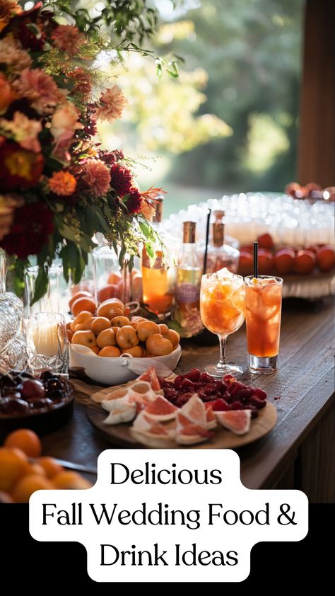 Cozy fall wedding food and drink ideas featuring seasonal cocktails and comfort dishes for a September celebration. Fall Wedding Buffet Ideas Food Stations, Fall Wedding Dinner Menu Ideas, Fall Wedding Buffet Ideas, Fall Wedding Food Ideas Buffet, Fall Wedding Menu Ideas, Fall Wedding Food, Fall Dinner Menu, Fall Wedding Drinks, Fall Cocktail Party