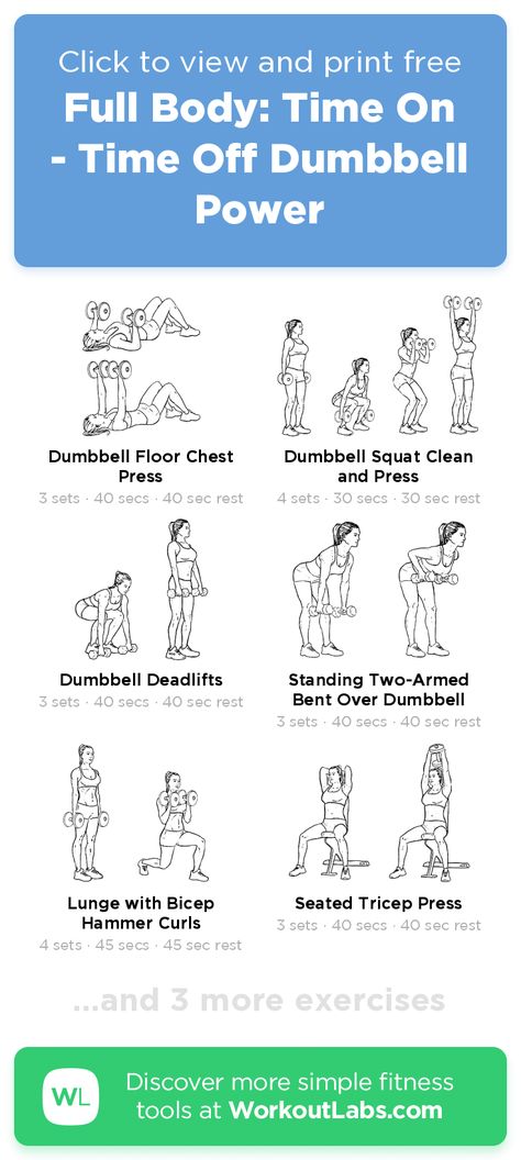 Free workout: Full Body: Time On - Time Off Dumbbell Power – 47-min arms, back, chest, legs exercise routine. Try it now or download as a printable PDF! Browse more training plans and create your own exercise programs with #WorkoutLabsFit · #ArmsWorkout #BackWorkout #ChestWorkout #LegsWorkout Dumbbell Only Workout, Workout Labs, Sunday Workout, Full Body Dumbbell Workout, Power Workout, Dumbell Workout, Full Body Workout At Home, Free Workout, Everyday Workout