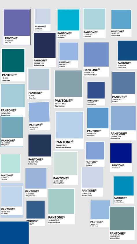 Blue pantones #shufflesbyfran Types Of Blue Shades, Room Color Ideas Blue, Pantone Blue Palette, Islam Homescreen, Blue Shades Colour Palettes, Blue Pantone Palette, Pantone Blue Shades, Shades Of Blue Aesthetic, Bridgerton Color Palette