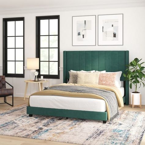 Upholstered Platform Bed with Wingback Headboard - On Sale - Bed Bath & Beyond - 37248671 Small Bedroom Decor Ideas For Women, Green Headboard, Small Bedroom Decor Ideas, Black Bedroom Decor, Luxury Bedroom Furniture, Gold Bed, Wingback Headboard, Small Bedroom Decor, Bedroom Headboard