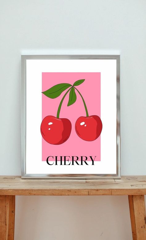 Tela, Cherry Art Print, Easy Cherry Painting, Cherry Drawing Aesthetic, Cherries Illustration, Cherry Wall Art, Cherry Painting, Uni House, Cherry Illustration