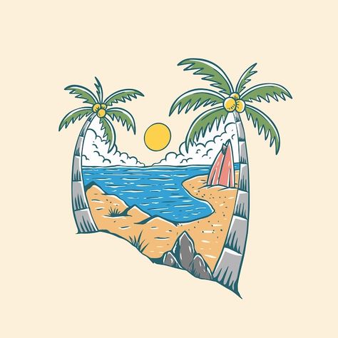 Beach Illustration Design, Summer Vibes Illustration, Paradise Illustration, Vibes Illustration, Beach Graphics, Background Tree, Summer Vector, Yearbook Ideas, Tropical Landscape