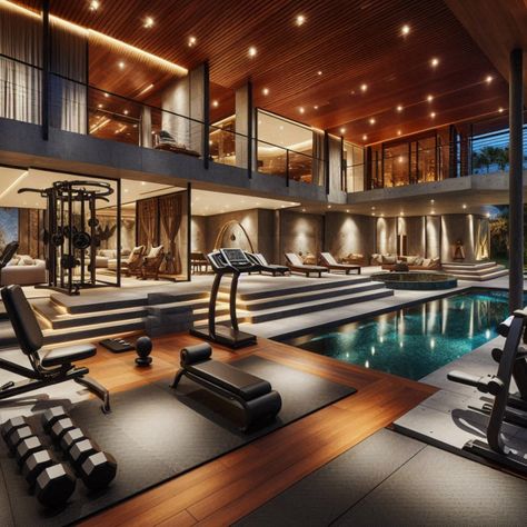 Create an exceptional fitness retreat with a luxury home gym featuring a beautiful pool and outdoor workout area. Elevate your home and wellness routi #LuxuryHomeGym #OutdoorFitnessOasis #CustomGymDesign #PoolsideWorkout #ElegantFitnessSpace #Pool Dream Home Gym Luxury Fitness Rooms, Outdoor Workout Area, Outdoor Fitness Area, Luxury Gym Design, Aesthetic Home Gym, Home Gym Design Luxury, Gym Layout, Dream House Pictures, Luxury Home Gym