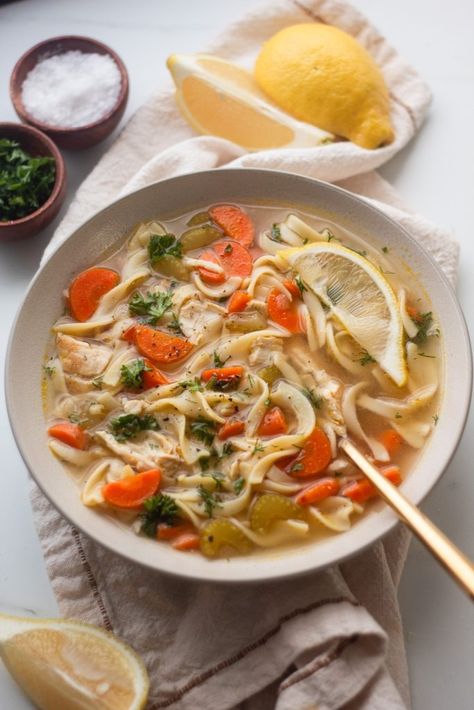 Lemon Ginger Chicken Noodle Soup - Our Balanced Bowl Lemon Ginger Chicken Soup, Ginger Chicken Noodle Soup, Seafood Pasta White Wine, Lemon Ginger Chicken, Ginger Chicken Soup, Homemade Broth, Asian Ingredients, Green Curry Chicken, Nutritarian Recipes