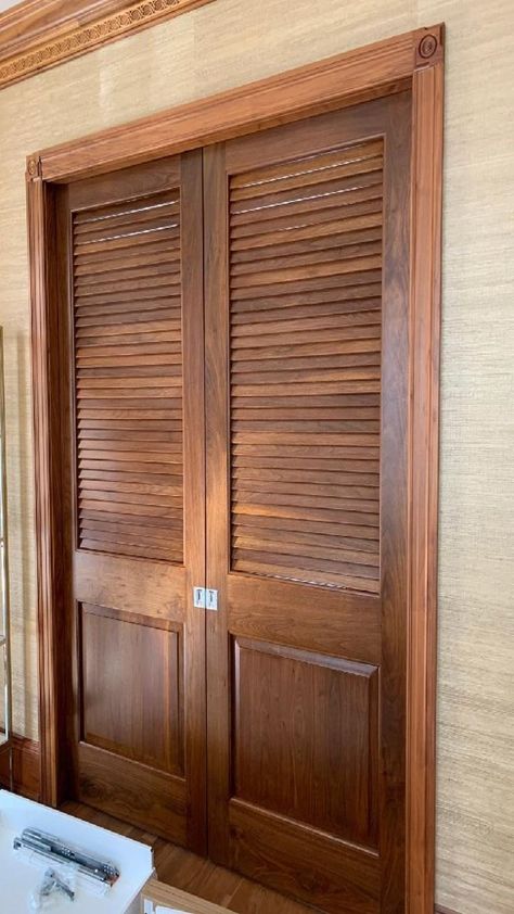 Beautifully made stain-grade mahogany louvered over-raised panel interior door, undoubtedly one of our best! This louvered door was made to allow air and a little bit of light in while keeping copious amounts of sunshine and moisture out. These louvers are unfortunately fixed, however, we can custom make movable louvered doors and shutters! Louver Door, Louvered Interior Doors, Louvered Door, Indian House Exterior Design, Louvered Doors, Vista House, 70s House, Panel Interior Doors, Room Door Design