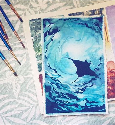 Watercolour Painting Ocean, Stingray Watercolor Painting, Stingray Art Painting, Underwater Gouache Painting, Gouache Underwater, Ocean Watercolor Art, Watercolour Stingray, Acrylic And Watercolor Painting, Acrylic Painting Underwater