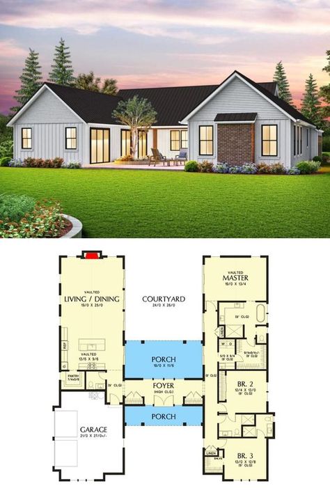 Small House Plans With Courtyard, New Build House Ideas One Story, House Plan With Interior Courtyard, American House One Floor, Home Plan With Courtyard, Large 3 Bedroom House Plans, Small Family House Design, New Build House Layout, H House Plans