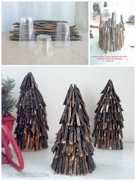 Create a rustic twig Christmas tree for holiday crafts, decor or a centerpiece with twigs, a clear plastic cup and hot glue. Can also be used as a flameless candle luminary from Stow and Tell U Yule Crafts, Holiday Crafts Decorations, Twig Christmas Tree, Twig Crafts, Twig Art, Candle Luminaries, Stick Art, Unique Christmas Trees, Crafts Decor