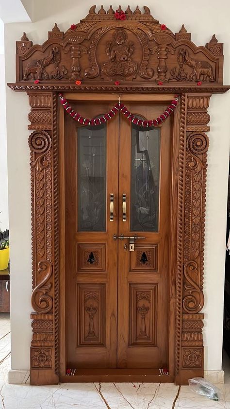 Pooja Wooden Door Design, Pooja Room Frame Design, Pooja Room Carving Designs, Wood Pooja Room Design, Main Door Design Photos Indian, Chettinad Door Designs, Pooja Door Design Indian Homes, Pooja Room Door Design Wood Carving, Puja Door Design