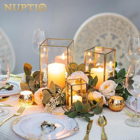 Amazon.com: NUPTIO Hurricane Candle Holder Centerpieces: 6 Pcs Decorative Glass Candles Lantern with Gold Metal Frame Modern Pillar Candle Holders for Wedding Thanksgiving Anniversary Decor 8.1 & 6.5 & 4.7 inch : Home & Kitchen Palm House Wedding, Lantern Candle Centerpieces, Wedding Garden Decoration, Indoor Outdoor Fireplace, Modern Lantern, Red Gold Wedding, Glass Pillar Candle Holders, Decor For Dining Room, Centerpieces For Weddings