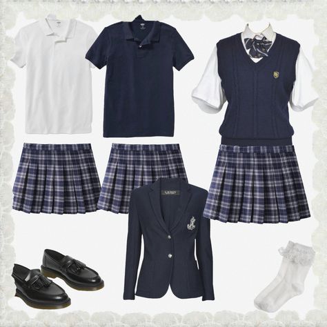 School Uniforms Male And Female, Highschool Outfits Uniform, Rich Private School Aesthetic Uniform, Uk Uniform Aesthetic, Navy School Uniform, Boarding School Uniforms Aesthetic, School Uniform Fashion Aesthetic, Polo Uniform Outfits Schools, Blue Uniform Aesthetic