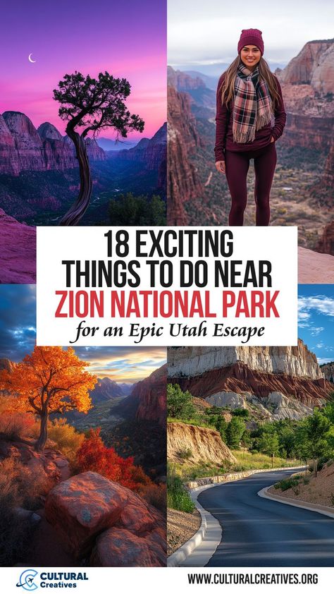 Collage showcasing 18 exciting things to do near Zion National Park for an epic Utah escape, including vibrant canyon landscapes, scenic roads, autumn foliage, and a hiker enjoying the stunning views. Hikes In Zion National Park, Zion Hikes, Zion National Park Photography, Narrows Zion National Park, Vacation Bucket List, Zion Utah, Zion Park, National Parks America, Best National Parks