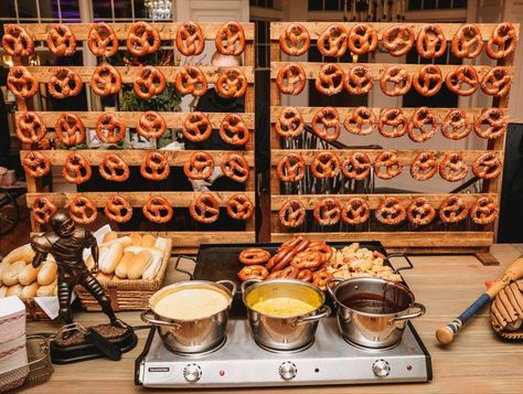 Dinner Stations Wedding, Soft Pretzels At Wedding, Soft Pretzels Wedding, Snack Buffet Wedding, Pretzel Bar Sign, Soft Pretzel Board Wedding, Soft Pretzel Station, Wedding Soft Pretzel Bar, Diy Pretzel Bar