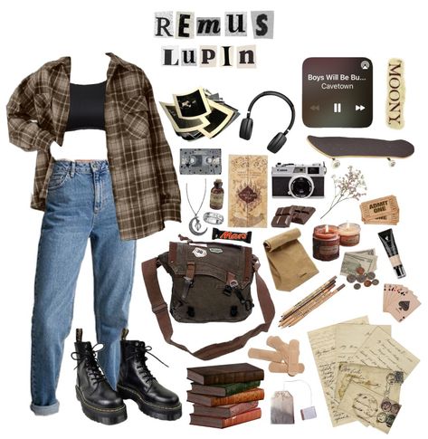 Whats In Remus Lupin Bag, Marauders Clothes Aesthetic, Moony Remus Lupin Aesthetic Outfits, Lily Evens Aesthetic Outfit, Remus Lupin Mood Board, Remus Lupin Outfit Aesthetic Summer, Hogwarts Shifting Outfits, Remus Lupin Style Clothes, Female Remus Lupin Outfit