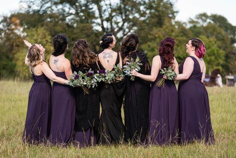 Our first Goth wedding at the barn and we loved it--every detail!   Pepper Sprout Barn | November wedding | Goth Wedding | black wedding dress | embrace your style | dark purple bridesmaid dresses | dramatic florals Wedding Cakes Black And White, Wedding Cakes Black, Gothic Bridesmaids, Purple Black Wedding, Wedding Goth, Dark Purple Bridesmaid Dresses, Dark Purple Wedding, Dark Romantic Wedding, Gothic Wedding Theme