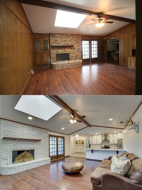 House remodel on a budget! These before and after pictures are amazing and full of DIY ideas. Love this living room! #livingroomremodeling Ranch House Remodel Before And After, 1980s House, Ranch Home Remodel, 80s House, Ranch House Remodel, House Before And After, Ranch Remodel, Diy House Renovations, Remodel On A Budget