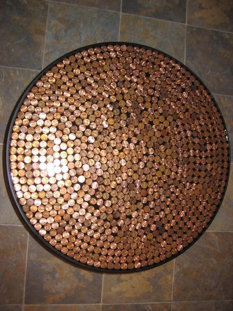 14 Creative Penny Ideas | Craft projects for every fan! Coins Art Ideas, Penny Floors, Pennies Crafts, Penny Floor Designs, Penny Decor, Penny Table Tops, Penny Craft, Penny Wall, Penny Crafts