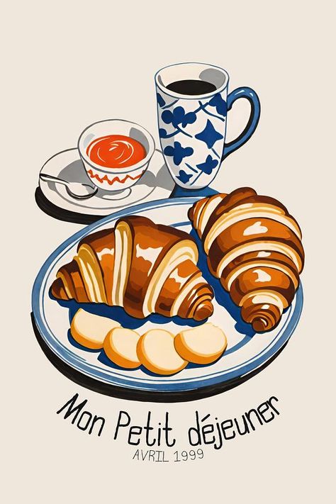 Mon Petit-déjeuner French Breakfast Poster on Artfully Walls Croissant Illustration, Breakfast Poster, Croissant Coffee, Eclectic Contemporary, Coffee Art Print, French Breakfast, Retro Kitchen Decor, Theatre Poster, Illustration Food