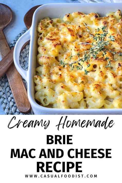 This Creamy Brie Mac and Cheese is the Best homemade macaroni and cheese recipe! This baked mac and cheese is creamy and indulgent, the perfect dinner or side dish idea. Serve this brie mac and cheese with chicken, beef or pork or as a holiday side dish for Christmas, Thanksgiving, New Years Eve or Easter. The best brie mac and cheese recipe. www.casualfoodist.com Holiday Baked Mac And Cheese, Brie Mac And Cheese Recipes, Mac And Cheese Christmas, Brie Cheese Dinner Recipes, Christmas Mac N Cheese, Recipes With Brie Cheese Dinners, Christmas Mac And Cheese, New Years Eve Meal Ideas, Brie Mac And Cheese