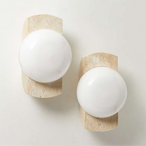 Modern Wall Sconces, Indoor/Outdoor Wall Lights and Plug-In Sconces | CB2 Unique Sconces Wall Lighting, Organic Modern Bathroom Lighting, Powder Room Lighting Ideas, Vanity Sconces Bathroom, Modern Bathroom Sconces, Bathroom Lighting Inspiration, Staircase Wall Lighting, Unlacquered Brass Hardware, Ivory Travertine