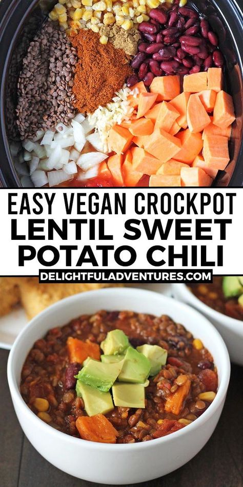 Lentil Sweet Potato, Vegan Slow Cooker Recipes, Potato Chili, Vegan Crockpot, Slow Cooker Lentils, Vegan Slow Cooker, Vegetarian Crockpot Recipes, Sweet Potato Chili, Tasty Vegetarian Recipes