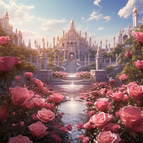 "The Rose Kingdom" Step into the enchanting "Rose Kingdom," where regal beauty blossoms. Adorned in petals of royal hues, this realm is a tapestry of flourishing gardens and majestic roses. The sovereign, a symbol of grace, oversees a court where fragrance dances on the breeze. Explore a kingdom where every petal whispers tales of elegance and natural splendor. Pink Kingdom Fantasy Art, Ethereal Kingdom Aesthetic, Royal Rose Garden, Flower Kingdom Fantasy Art, Pink Palace Aesthetic, Royal Kingdom Aesthetic, Spring Kingdom, Aesthetic Kingdom, Floral Castle