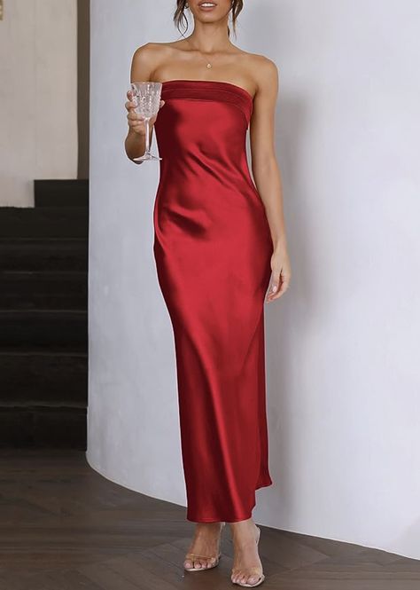 Caracilia Womens Satin Tube Sexy Backless Cut Out Formal Wedding Guest Evening Party Maxi Dresses Tube Dress Outfit, Wedding Guest Maxi Dress, Maxi Dress Fall, Maxi Dress Wedding Guest, Maxi Dresses Fall, Elegant Maxi Dress, New Years Dress, Maxi Dress Cocktail, Red Prom Dress