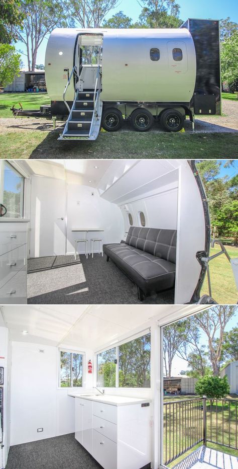 Brisbane-based Tiny House Guys, seeing a decommissioned DASH 8 aircraft for sale on Facebook, got the idea of giving it a new life as unique, livable home on wheels. After spending about six weeks working on it, the team was able to achieve this one-off tiny house made from airplane parts. Airplane House, Aircraft Furniture, Airplane Ideas, Mobile House, Building A Tiny House, Wide Body Kits, Home On Wheels, Bar Designs, Home Bar Designs