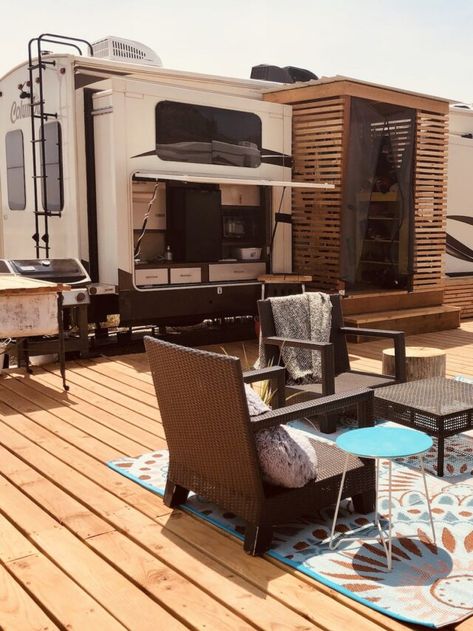 Trailer Patio Ideas Outdoor Spaces, Rv Patio Ideas Campsite, Stationary Rv Outdoor Setup, Rv Camp Site Set Up Ideas, Rv Site Setup Ideas, Rv Patio Decorating Ideas, Rv Campsite Setup Ideas, Outdoor Rv Patio Ideas, Rv Outside Decorating Ideas