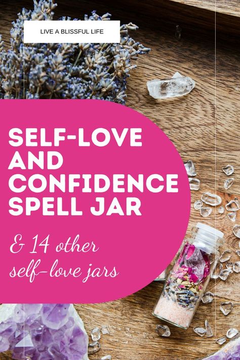 A self-love spell jar, an amethyst, and some lavender flowers; Text reads - Self-love and confidence spell jar Positive Spells, Love Spell Jars, Self Love Spell, Witchcraft Diy, Gratitude Jar, Jar Spells, Love Jar, Spell Jars, Manifest Love