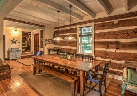 Square Log Homes Interior, Cabin Interiors Pine Walls, Log Cabin With Addition, Log Cabin Homes Bedroom Master Suite, Log Cabin Interior Stain Colors, Log Cabin White Ceiling, Cabin Dinning Room Ideas, Log House Renovation, Log Cabin Update Renovation