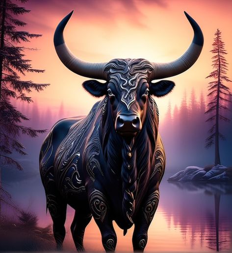 Ox Photos, Ox Illustration, Ox Art, Sunset Digital Art, Forest At Sunset, Forest Sunset, Digital Art Illustration, Beautiful Soul, Premium Photo