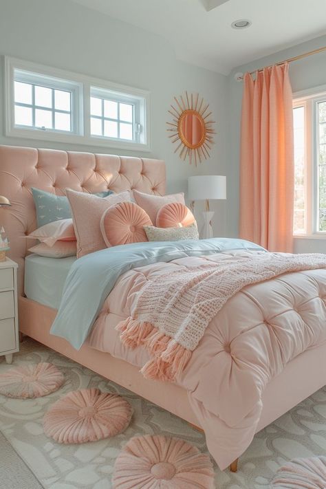 Room Ideas Teal Walls, Cute Ways To Set Up Your Bedroom, Colorful Rooms Ideas, Preppy Girl Room Ideas, Coral Room Ideas Bedrooms, Pastel Color Room Ideas, Colorful Room Ideas Aesthetic, Plain Bedroom Ideas, Cute Preppy Room Ideas