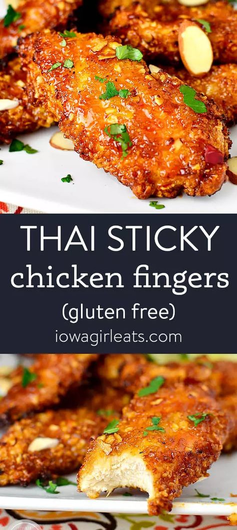 Thai Sticky Chicken Fingers are a crunchy, sticky, and irresistible recipe for any occasion. Absolutely addicting! iowagirleats.com keywords: chicken recipes, chicken breast recipes, chicken fingers baked, chicken finger recipes, gluten free recipes Homemade Chicken Fingers, Chicken Finger Recipes, Sticky Chicken, Gluten Free Appetizers, Chicken Fingers, Gluten Free Recipes For Dinner, Thai Chicken, Recipes For Dinner, Chicken Dishes Recipes