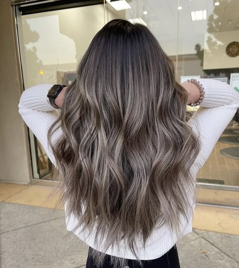 Blended Ash Brown Hair, Ashy Brown Balayage On Dark Hair, Dark Brunette Ash Balayage Hair, Baylage Brunette Cool Tone, Super Ashy Brown Hair, Dimensional Brunette Mushroom, Partial Balayage Ash Brown, Reverse Balayage Ash Brown, Light Ash Blonde Balayage On Dark Hair