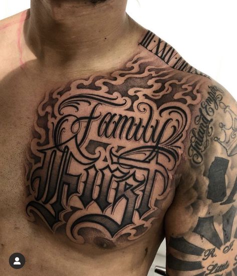 Family First Chest Tattoo, Shoulder Lettering Tattoo, Family First Tattoo For Men, Family Over Everything Tattoo Men, Family Guy Tattoo, Family Over Everything Tattoo, Chest Tattoo Writing, Chest Tattoo Fonts, Chest Tattoo Lettering