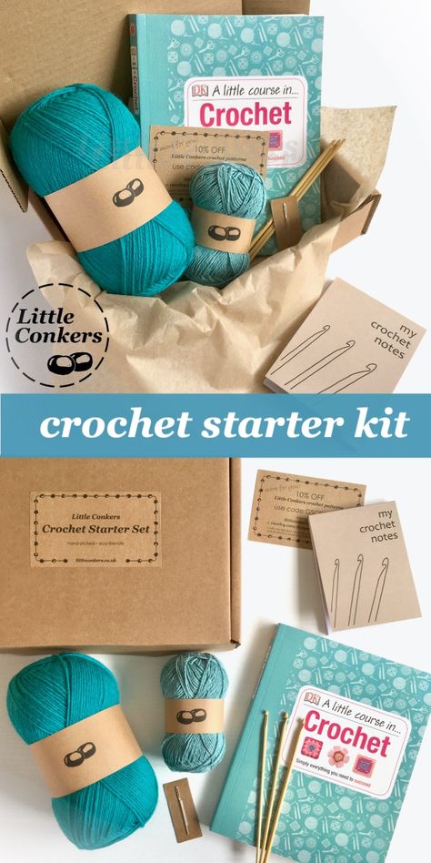 Learn to crochet with this crochet starter kit by #LittleConkers. This beginner crochet kit contains everything you need to start crocheting and create your first crochet projects. Made with sustainability in mind, contains plastic-free yarns, bamboo crochet hooks and a personalised crochet notepad as well as a detailed crochet book. Beginner Crochet Kit, Crochet Kit For Beginners, Things You Need To Crochet, Crochet Supplies For Beginners, Crochet Starter Kit, Crochet Materials For Beginners, Crochet Equipment, Yarn Bouquet, فن النسيج