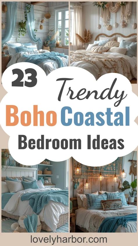 23 Trendy Boho Coastal Bedroom Ideas You Will Love 2 Dorm Room Beach Theme, Water Inspired Bedroom, Bohemian Bedroom Decor Blue, Coastal Country Bedroom, Serene Master Bedrooms Decor, Teen Beach Room Ideas, Beachy Bedrooms Coastal Chic, Bedroom Ideas Coastal Granddaughter, Coastal Boho Bedroom Ideas