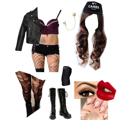 What I (Krystal) wore when I debuted on raw against none other then Dana Brooke who wasn't women's champ yet . Change the hair because mine is  blonde with red streaks, get rid of the hat  because that's not me at all,  change of the make up because I'm much much more wild than that and finally cut the shoes down to size because I'm a very low wearing shoe mama Biker Chick Outfit Rocker Style, Blonde With Red Streaks, Wrestling Outfits Womens, Wwe Attire, Fangirl Outfits, Blonde With Red, Wrestling Attire, Muse Board, 70s Disco Outfit