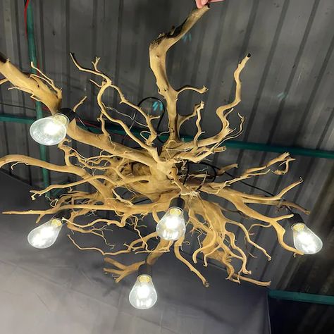 Tree Branch Chandelier Bedroom, Tree Root Chandelier, Driftwood Hanging Lights, Driftwood Lamp Hanging, Driftwood Light Fixture, Branch Light Fixture, Hanging Light Fixtures Bedroom, Driftwood Lighting, Light Fixtures Bedroom