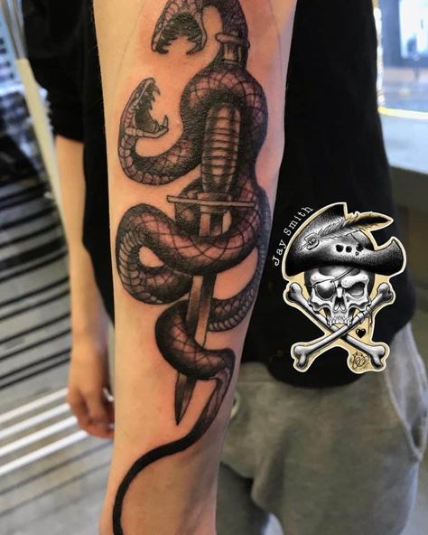 Top 41 Best Snake Arm Tattoo Ideas - [2020 Inspiration Guide] Snake And Dagger Tattoo, Dagger Tattoos, Snake Tattoo Meaning, Tattoos Masculinas, Cobra Tattoo, Snake Tattoos, Knife Tattoo, Snake Tattoo Design, Skeleton Hand Tattoo