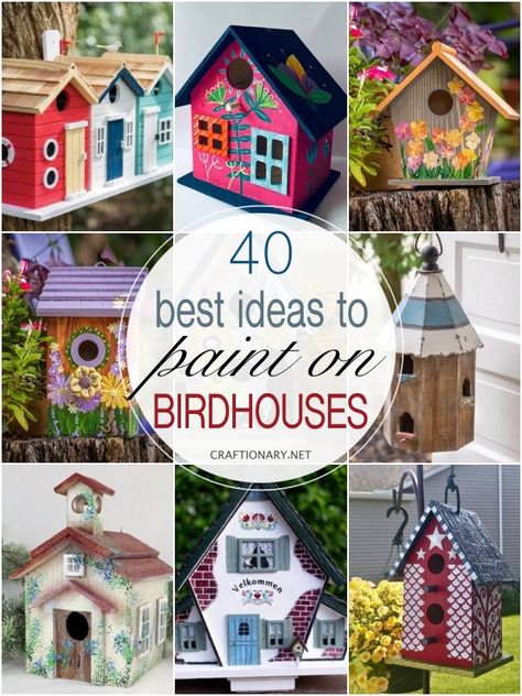 40 Painted birdhouses - Craftionary Colorful Bird Houses Ideas, Paint Ideas For Bird House, Fairy Birdhouse Painting Ideas, Paint Bird Houses Ideas, Building A Bird House, Decorated Bird Houses Ideas, Diy Bird House Painting Ideas, Decoupage Birdhouse Ideas, Cute Birdhouse Painting Ideas Easy