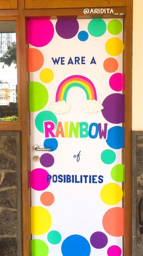 Rainbow Wall Display Classroom, Rainbow Decor For Classroom, Decoration For Doors Classroom, Diy Rainbow Decorations Classroom, Rainbow Theme Door Decoration, Rainbow Classroom Door Decor, Rainbow Classroom Decor Preschool, Childcare Room Themes, Special Needs Door Decorations