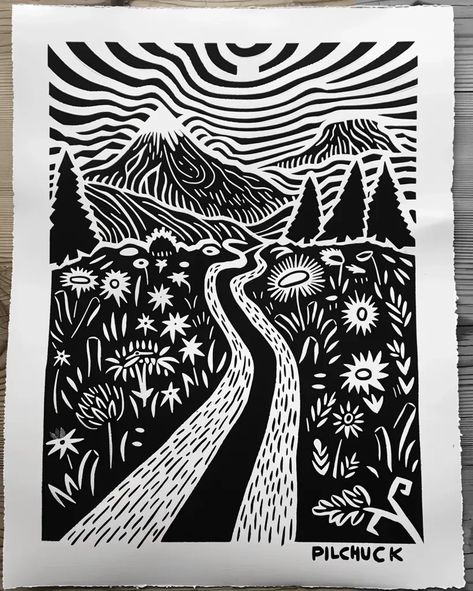 Full Color Image in ai-img-gen.com 🔸 the word "PILCHUCK" intertwined with pacific northwest scenes. Linocut 🔸 From Midjourney AI Image Print Making Landscape, Linocut Prints Ideas Simple, Linocut Landscape, Lino Carving, Linocut Ideas, Jul Diy, Northwest Landscaping, Winding Path, Linocut Printmaking