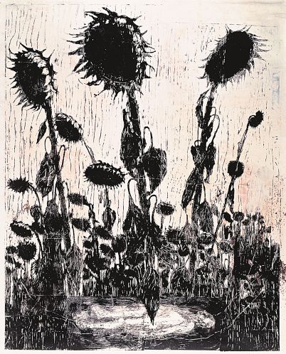 Anselm Kiefer Sunflowers (Tournesols), 1996 Woodcut, shellac, and acrylic on canvas 435 x 349 cm Guggenheim Bilbao Museoa German Mythology, Anslem Kiefer, Guggenheim Museum Bilbao, Anselm Kiefer, Royal Academy Of Arts, Guggenheim Museum, Exhibition Poster, Bilbao, Art Moderne